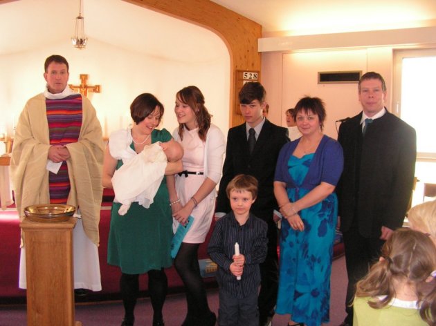 From L to R Vicar, Becky, Seren, Eliza, Henry, Will, Godmother and Tom