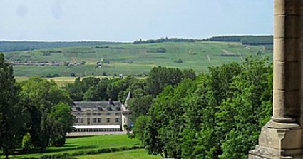 View across Chateau Dormans and the Marne valley from the War Memorial